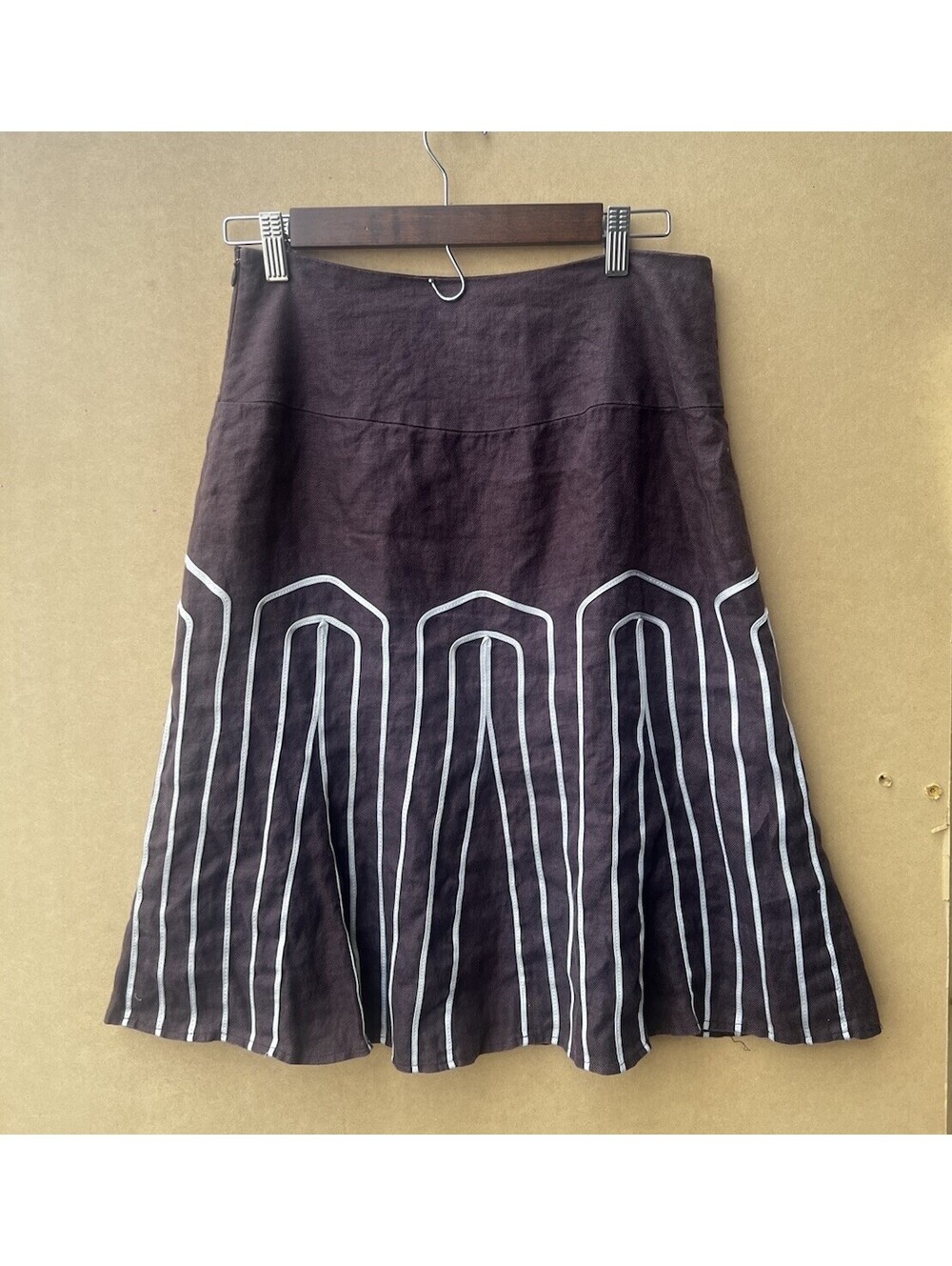 Worthington Brown 1000% Linen A-Line Soutache Geometric Skirt Size 4